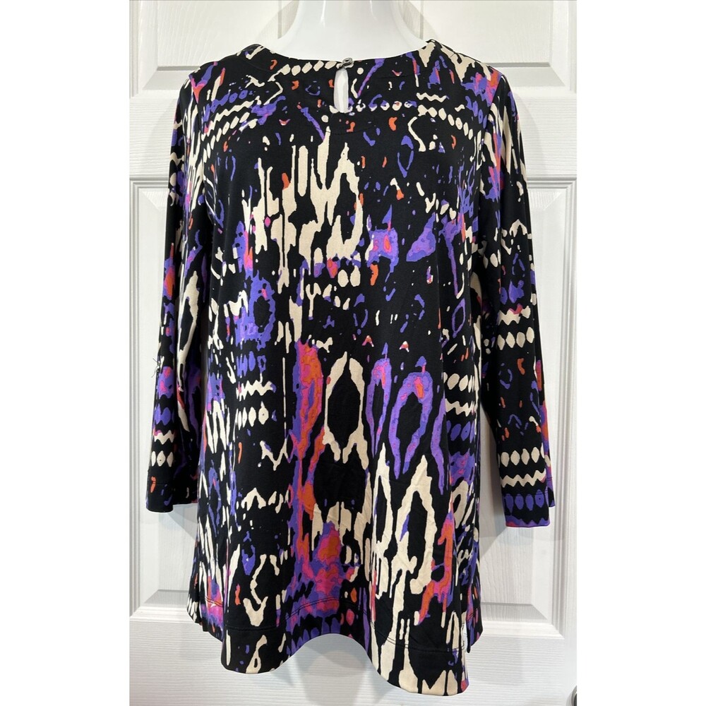 Allyson Whitmore Stretch Knit Keyhole Blouse Black Purple Art Women's XL